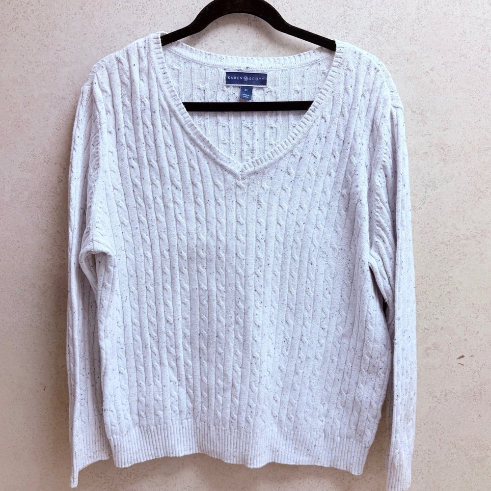 Karen Scott XL Womens White Blue Speckled Casual Cable Knit Cozy Sweater